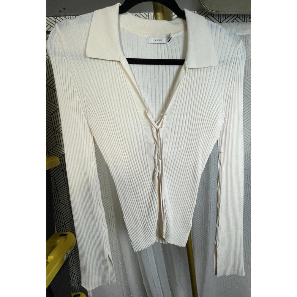 Lush Women’s Ribbed Knit Tie-Front Long Sleeve Blouse Top Cream Off-White Sz M